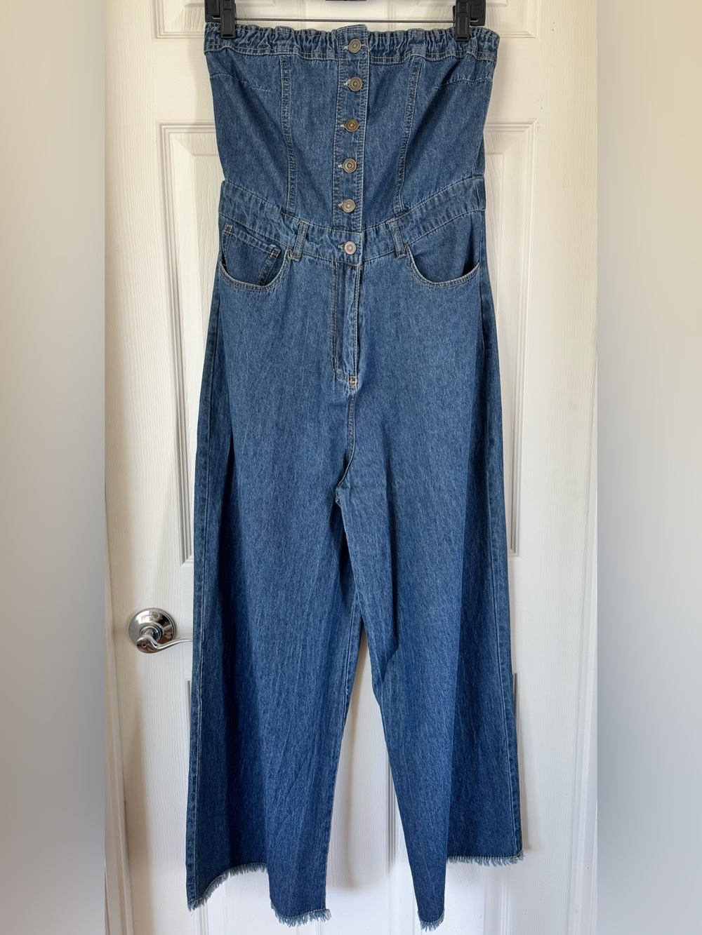 Gwen Kate Strapless Denim Wide Leg Jumpsuit Small